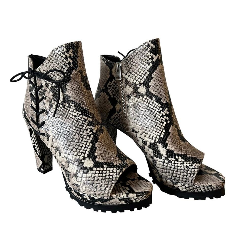 AllSaints Michela Leather Snake Print Peep Toe Heeled Shoes Booties Size 40 EU - Picture 14 of 16
